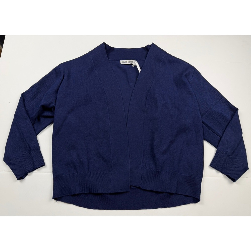 Grace Karin Womens Large Open Front Long Sleeve Cardigan Navy Blue Knit Sweater